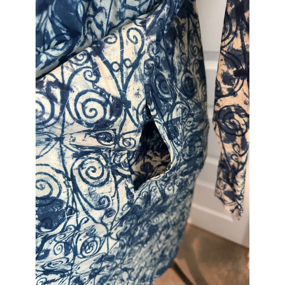 Madame Hall Blue White Batik Scroll Print Midi Dress Long Sleeve Pockets XL - Picture 4 of 10